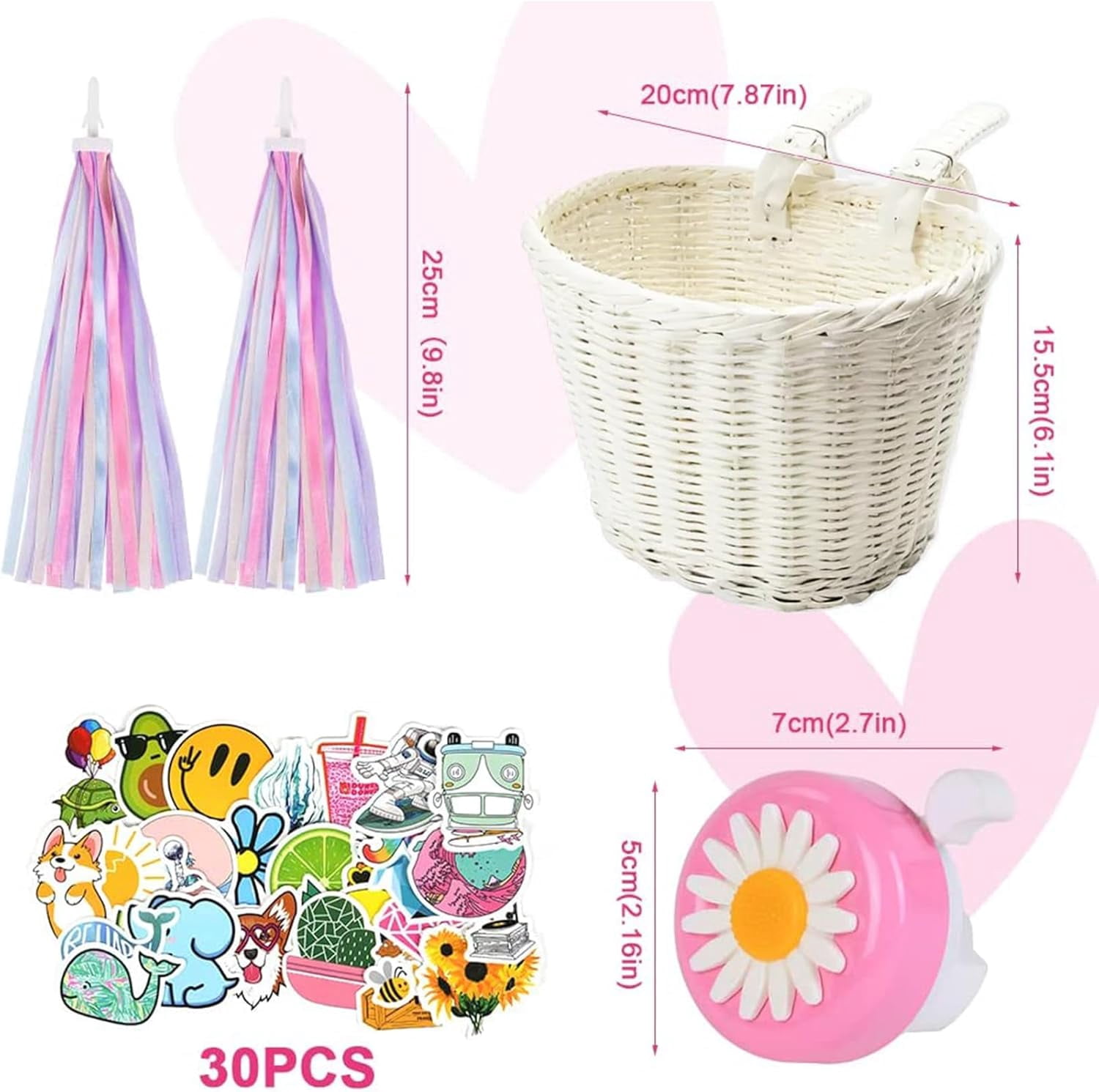 Kid's Bicycle Basket Colored Tassels Wicker Front Handlebar Bike Basket with Streamers Bell and Stickers Bicycle Decoration for Girls and Boys