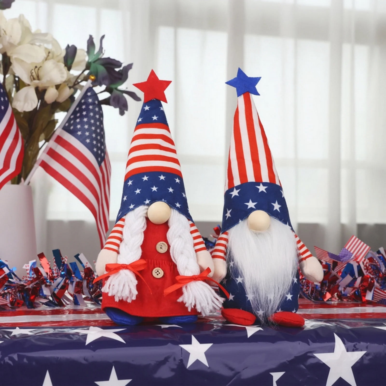 Patriotic Gnome Decorations 4th Of July Decor Set, Plush Independence Day Tabletop Gnome Couple Weighted Bottom Handmade Standing Accent, For Tiered Tray Desk Shelf Memorial Day Home Party