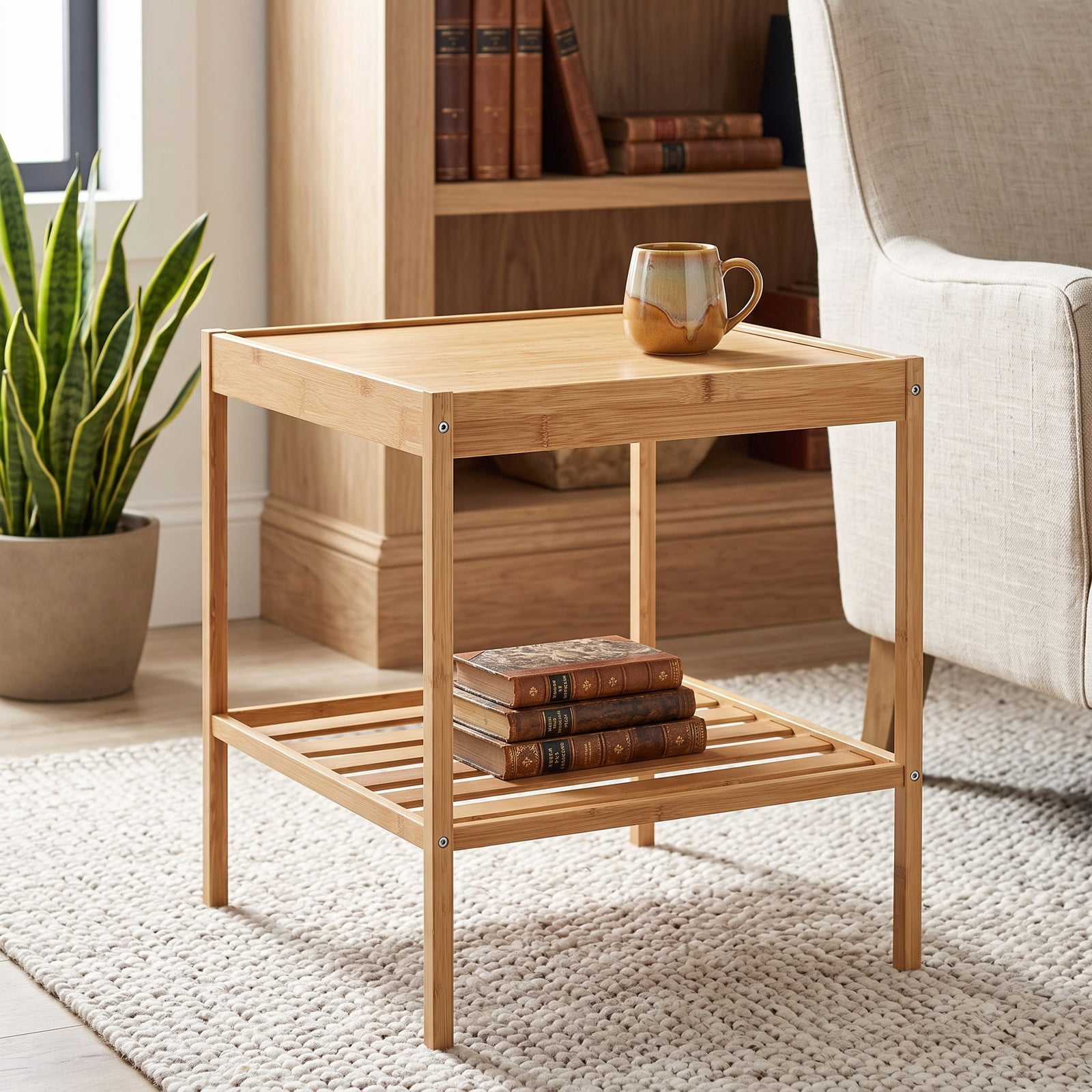Furnibear 2 Tier Bamboo Nightstand Set of 2 with Open Shelf and Solid Tabletop for Bedroom and Living Room, Wood End Table, Natural