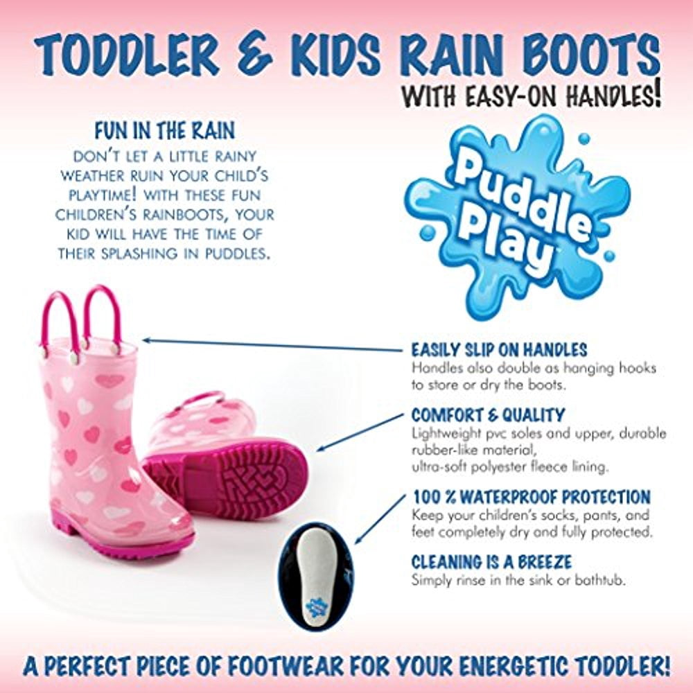 Puddle Play Children's Girls' Hearts Shapes Printed Waterproof Easy-On Rubber Rain Boots (Toddler/Little Kids)