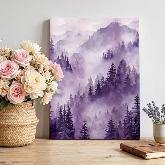 Canvas Wall Art Purple Forest Mountain Canvas Art Print Retro Watercolor Gradual Foggy Pine Tree Pictures Wall Decor for Living Room Bedroom Artwork Decorations Stretched Framed Ready to Hang 16"x20"