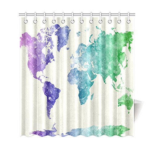 Watercolor Blue Art Map Bathroom Shower Curtain Waterproof Polyester Curtains 