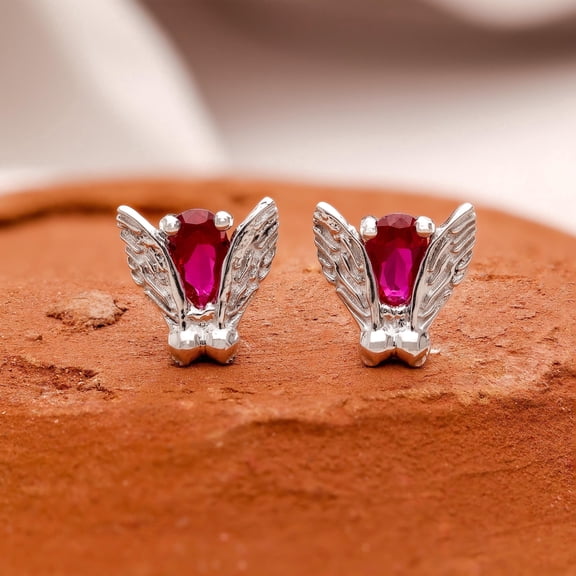 Meera Jewels 925 Sterling Silver Angel Wing Stud Earrings With Pink Ruby & CZ | Winged Studs | Angel Earrings Jewelry Gift for Her Guardian