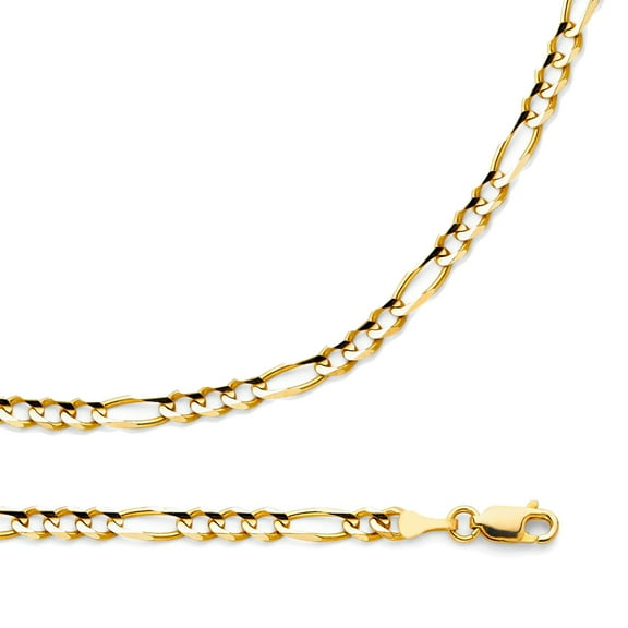 Solid Figaro Necklace 14k Yellow Gold Chain Open Links Concave 3   1 Style Polished, 4 mm - 18,20,22,24 inch
