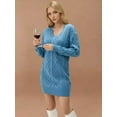 thumbnail image 5 of Womens V Neck Mini Sweater Dress Cable Knit Long Sleeve Casual Loose Fall Tunic Pullover Sweaters Peacock Blue M, 5 of 8