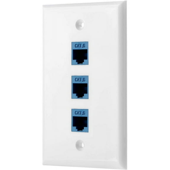 1Pack 3-Port Ethernet Wall Plate, RJ45 Wall Plate with RJ45 Inline Coupler Insert,Cat6 Jack Wall Plate ABS plastic white&blue