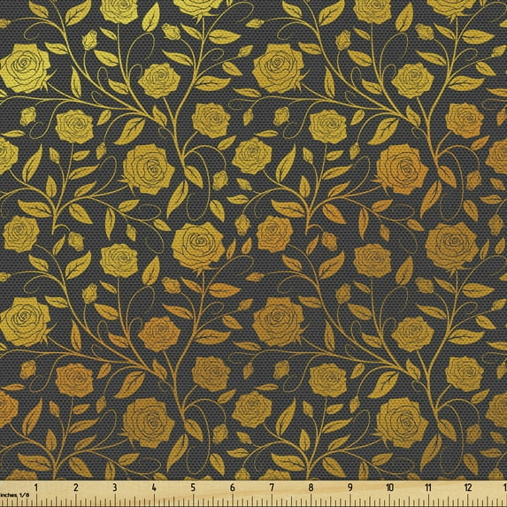 Flowers Fabric by the Yard, Ombre Roses Romantic Composition on Greyscale Background, Upholstery Fabric for Dining Chairs Home Decor Accents, Pale Orange Dark Grey by Ambesonne