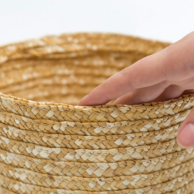 Maoww Storage Basket Lid Straw Woven Pastoral Handmade Storaging Box Space Saving Rattan Baskets Kitchen Decor Snack Round Mini
