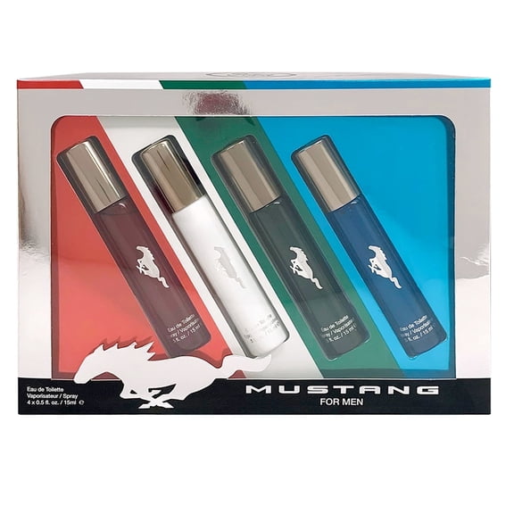 Mustang Mini Cologne Set for Men, 4-Piece Fragrance Coffret, 0.5 oz (15 ml) Spray Bottles, Red White Blue Green