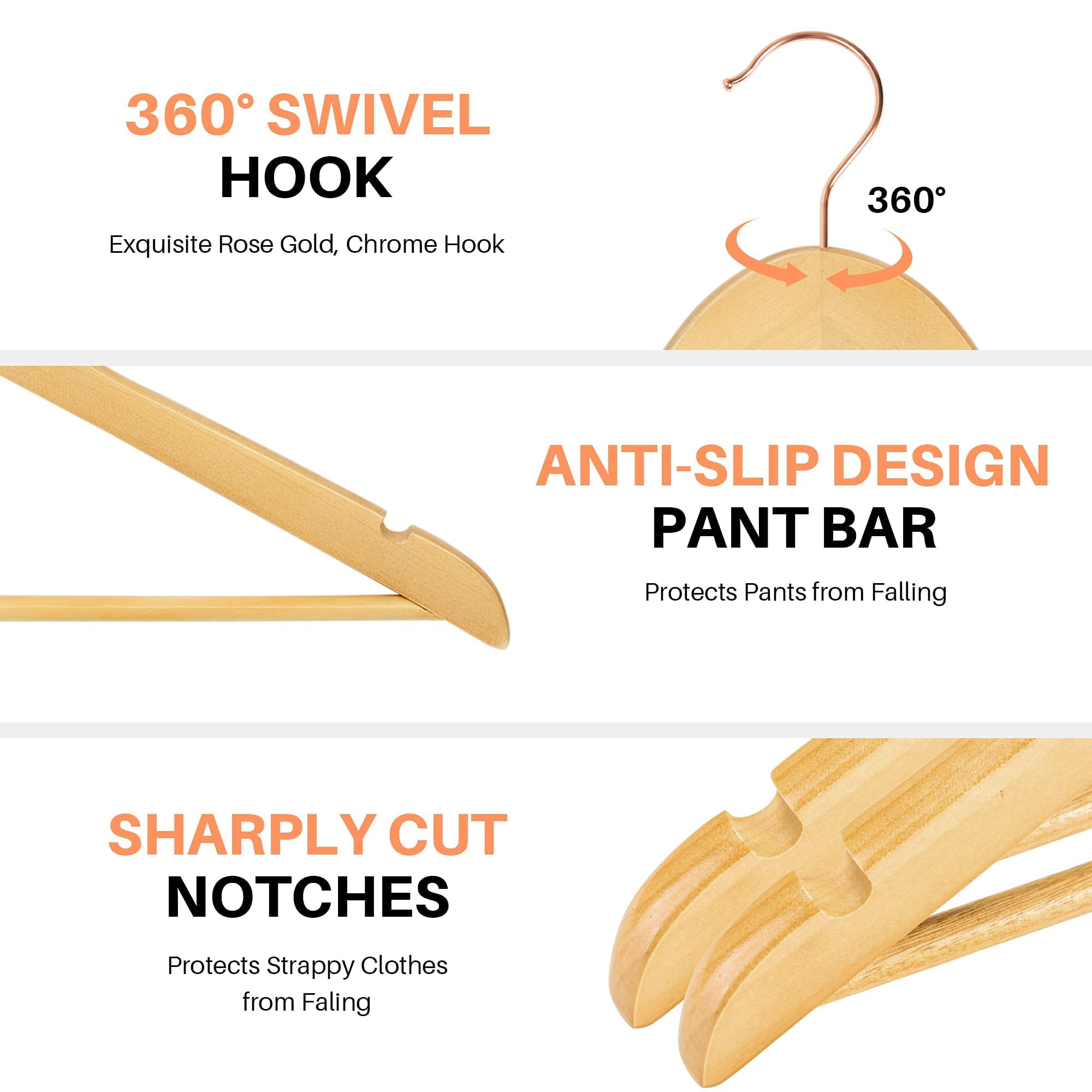 ACSTEP Wooden Hangers 20 Pack, Heavy Duty Wood Pants Skirt Suit Shirt Clothes Hangers with 360° Swivel Hooks, Natural