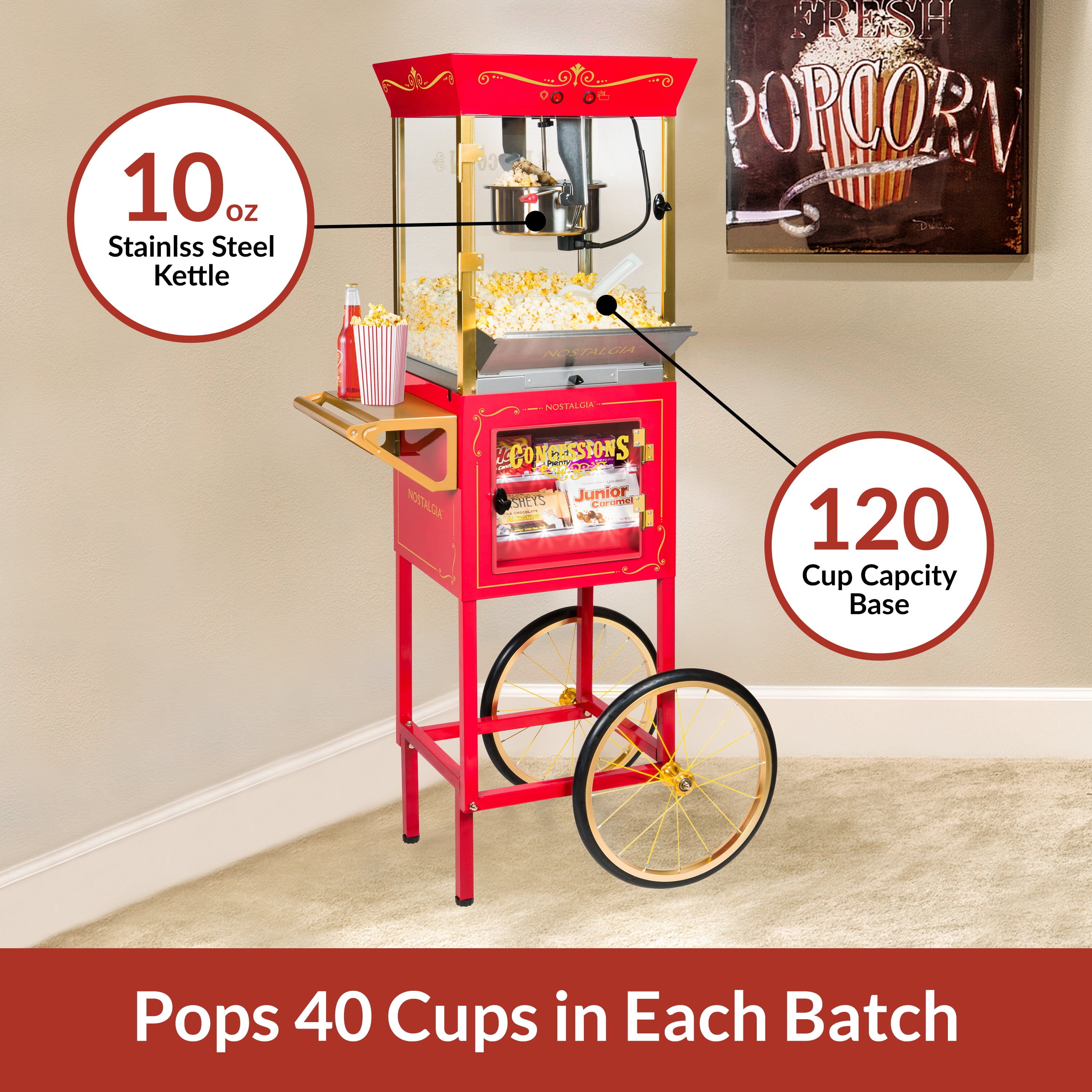Nostalgia Popcorn Maker Cart, Vintage Movie Theater Popcorn Machine with Built-In Storage, Coca Cola