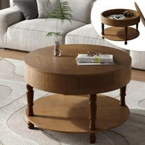 2 Tier Coffee Table with Dual Storage, Round Solid Wood Coffee Table with Hidden Compartment & Adjustable Leveling Feet, for Small Space Living Room, Walnut Brown