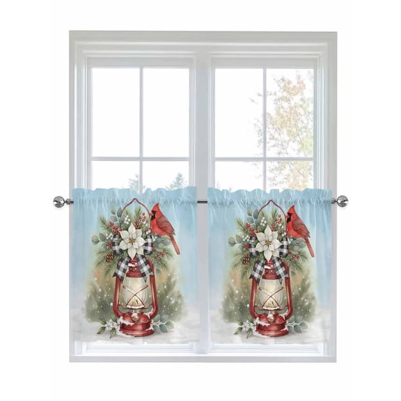 Christmas Cardinal 2 Panel Kitchen Curtains for Small Windows, Winter Xmas Poinsettia Berry Sky Blue Bathroom Tier Curtain, Short Window Treatment for Bedroom/Living Room 55"x24"