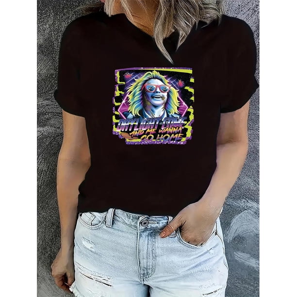 Camiseta Para Mujer De Verano Con Cuello Redondo Para Mochilero, Viajes, Desplazamientos1pc Fashionable Polyester T-Shirt with Vibrant Portrait Print, Casual Crew Neck, Short Sleeve, Medium Stretch