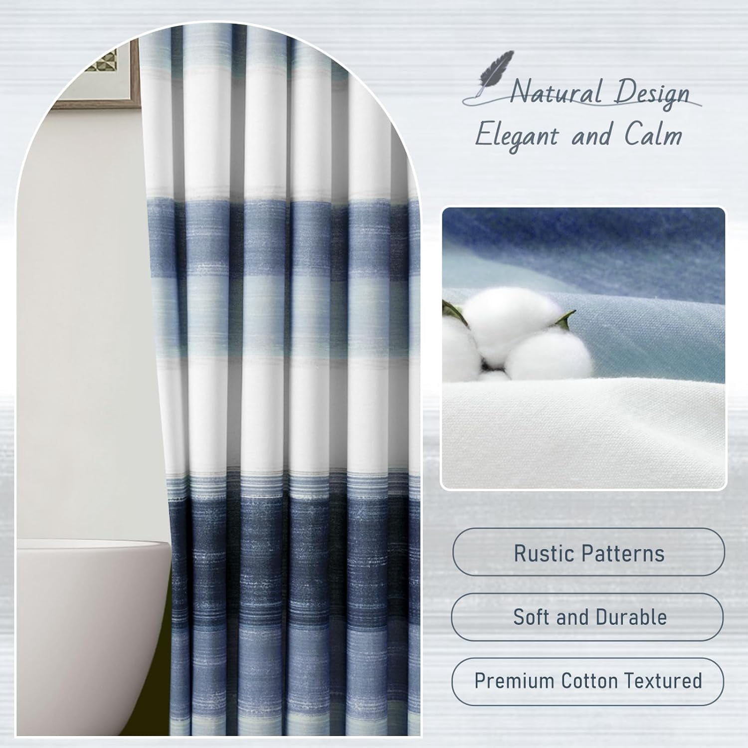 Blue Shower Curtains for Bathroom Navy Blue and White Rustic Cotton Farmhouse Ocean Shower Curtain, 72 x 72 Inches