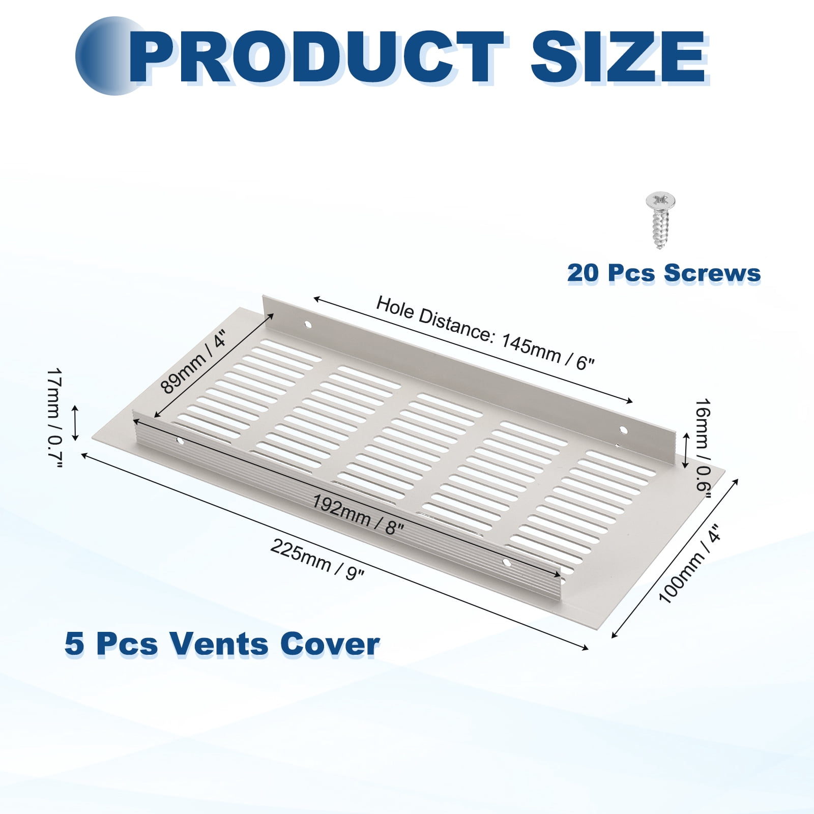 Uxcell 8 x 4 Inch Door Air Vent Cover, 5 Set Heavy Duty Aluminum Grille Ventilation Cover Louvered with 20 Mounting Screws for Cabinet Wardrobe, Grey