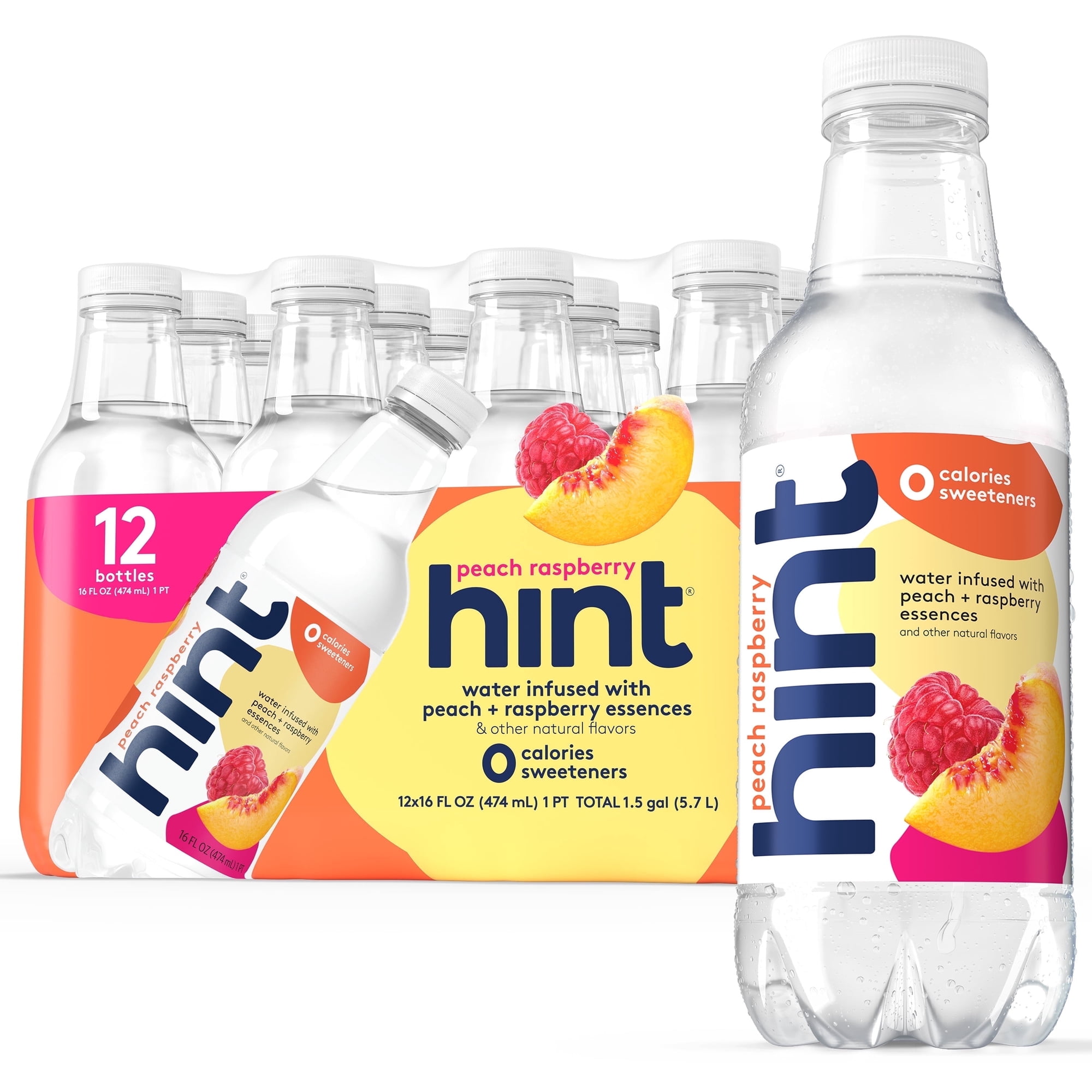 Hint Bottled Water, Peach Raspberry - Purified Flavored Water with Zero Calories, Sugar Free, Natural Flavors - 16 Fl Oz (Pack of 12)