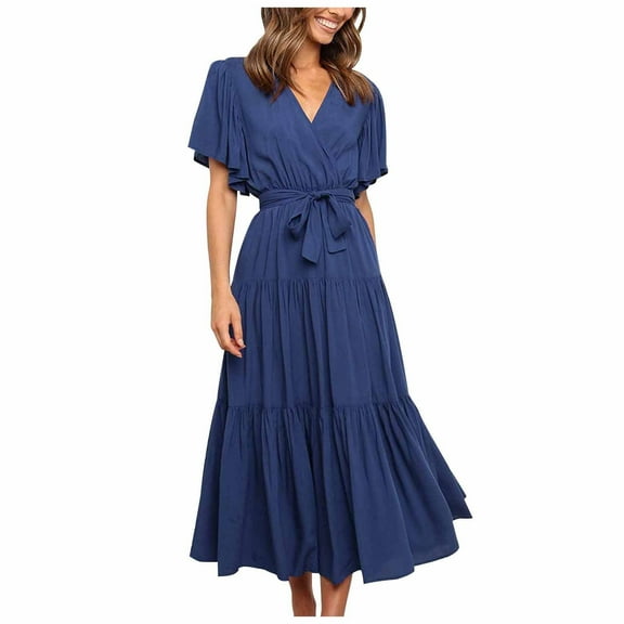 QUYUON Flowy Dresses for Women Casual Summer Wrap V-Neck Short Sleeve Ruffle Midi Dress with Belt Pleated A-Line Beach Sundress Elegant Formal Evening Party Cocktail Long Dresses Dark Blue Medium