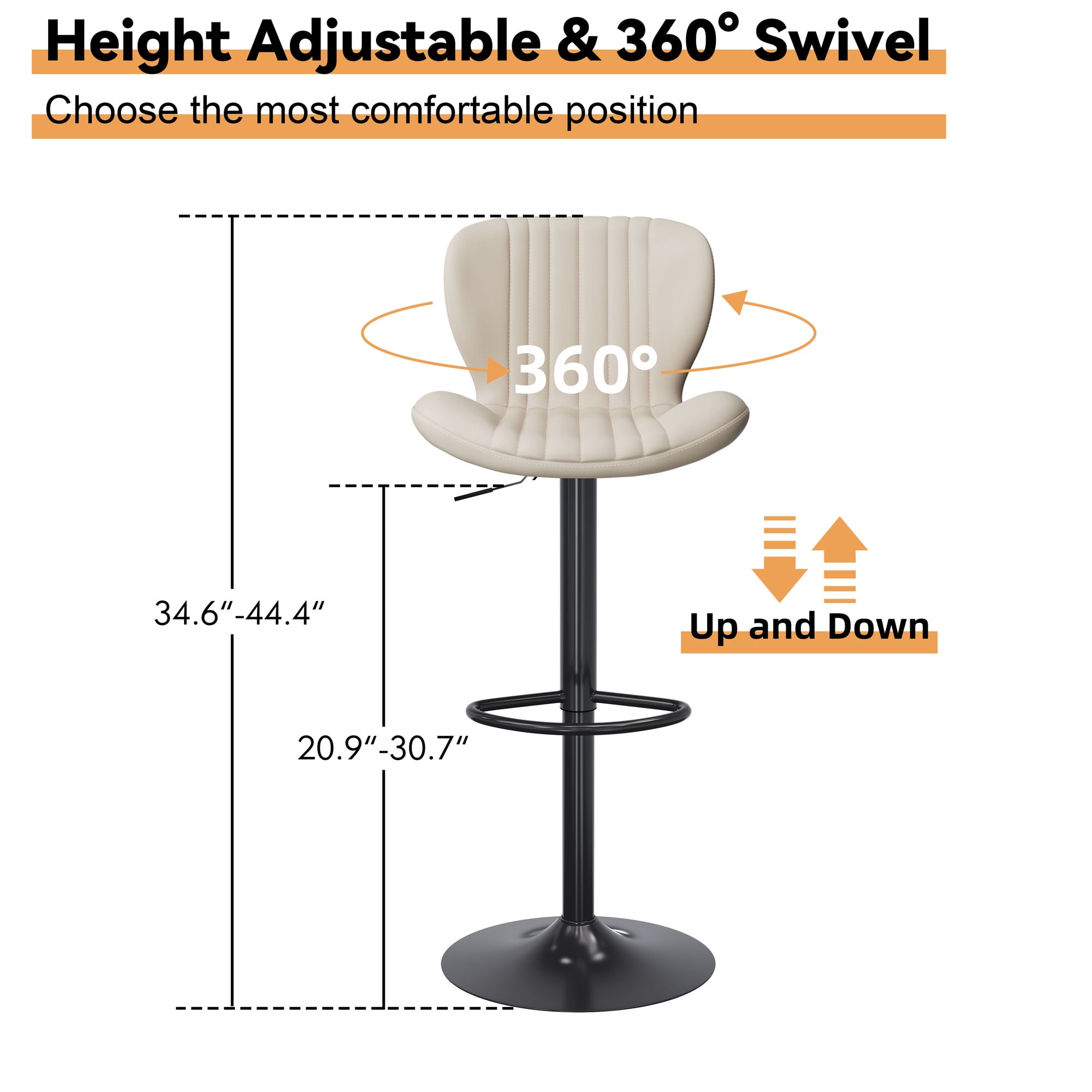Walsunny Adjustable Bar Stools Set of 2 Leather Upholstered Swivel Counter Stools Counter Height Bar Stools with Large Base, Room Bar, Beige
