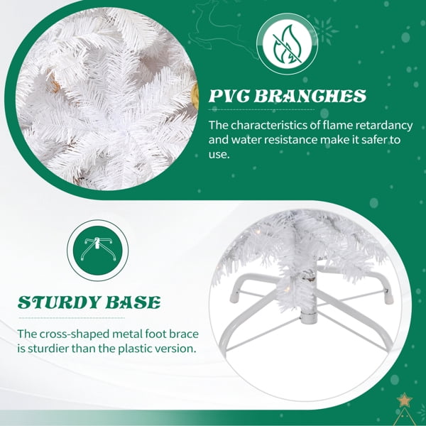 7.5FT White Pre-Lit Christmas Tree - 1600 PVC Branch Tips 400 Warm White LEDs Bow/Golden Flower Ornaments Easy Setup for Home
