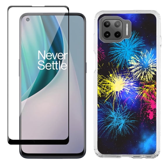 Slim-Fit Protective Phone Case compatible with Motorola Moto One 5G UW, with Tempered Glass Screen Protector, by OneToughShield ® - Fireworks