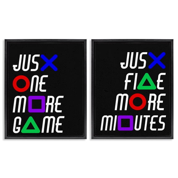 Gamer Button Symbols Phrases 2 Piece Black Framed Floater Canvas Set, design by Kim Allen