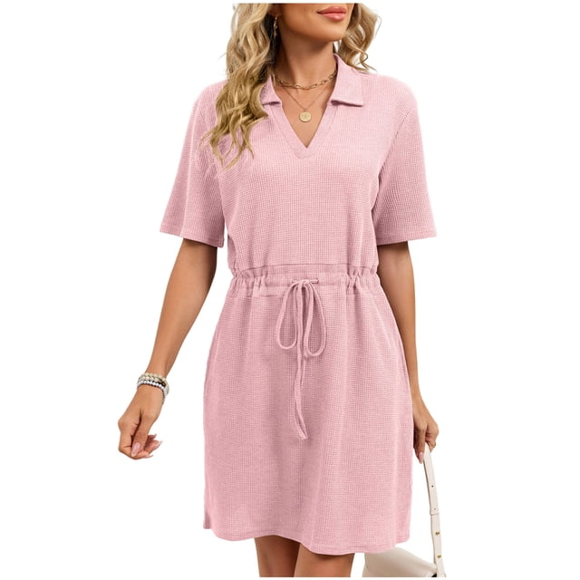 Camisetas de Manga Corta Casual de las Mujeres Color Sólido Cuello Turndown Casa Pijamas Cortos para Noches Especiales