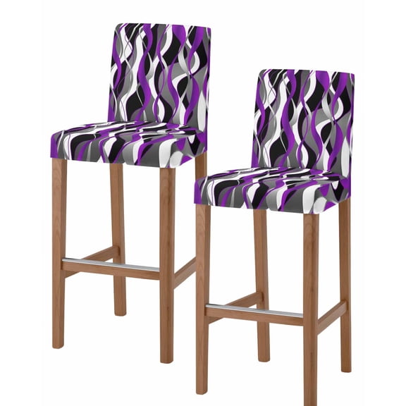 Purple Stripe Bar Stool Covers Set of 2, Black Grey White Gradient Striped Geometric Stretch Bar Chair Covers with Backs, Removable Pub Counter Height Chair Cover for Kitchen Dining Room Cafe