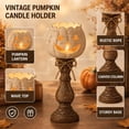 thumbnail image 2 of Rustic White Pumpkin Tealight Candle Holder Set of 3, Farmhouse Jack O Lantern Tea Light Holders with Wood Look Pedestal and Jute Bow, 2 of 7
