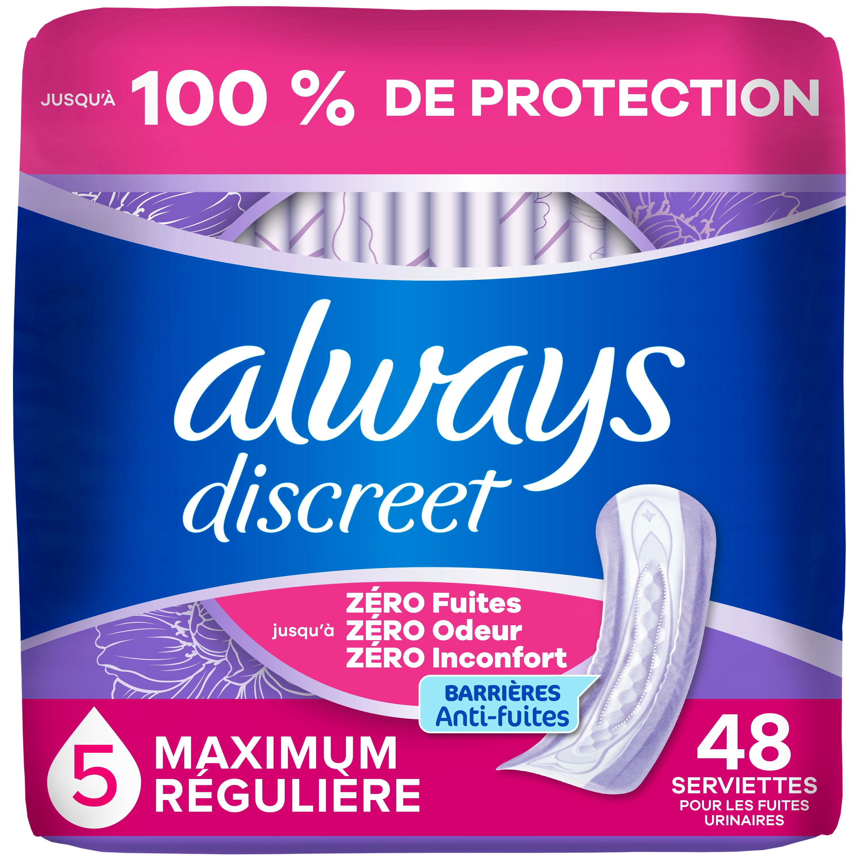 Always Discreet Adult Incontinence Pads for Women, Maximum Absorbency, Regular Length, Postpartum Pads, 48 Count