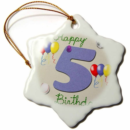 3dRose Happy fifth birthday. Digital scrapbook design for boys with a blue felt looking number five, Snowflake Ornament, Porcelain, 3-inch