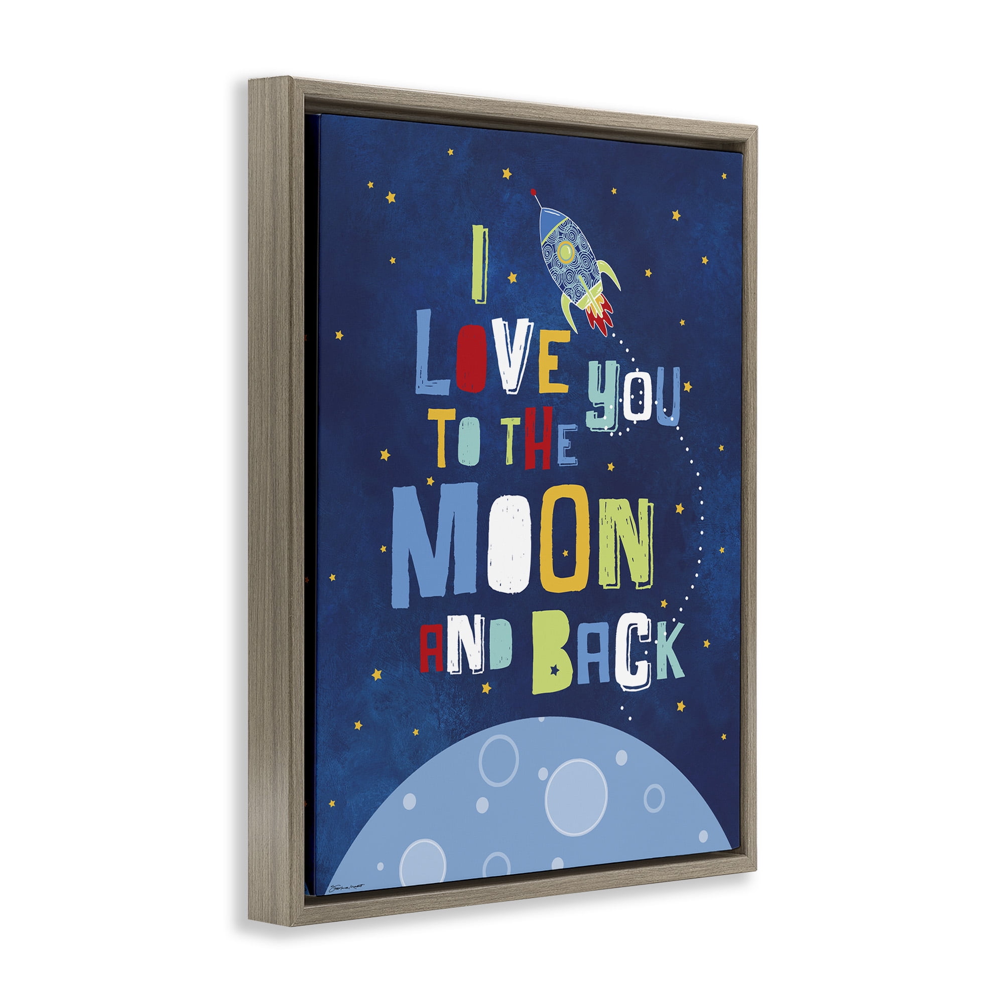 Stupell Industries Moon & Back with Rocket Ship Art for Kids Painting Brown Floater Framed Canvas Art Print Wall Art, 17 x 21