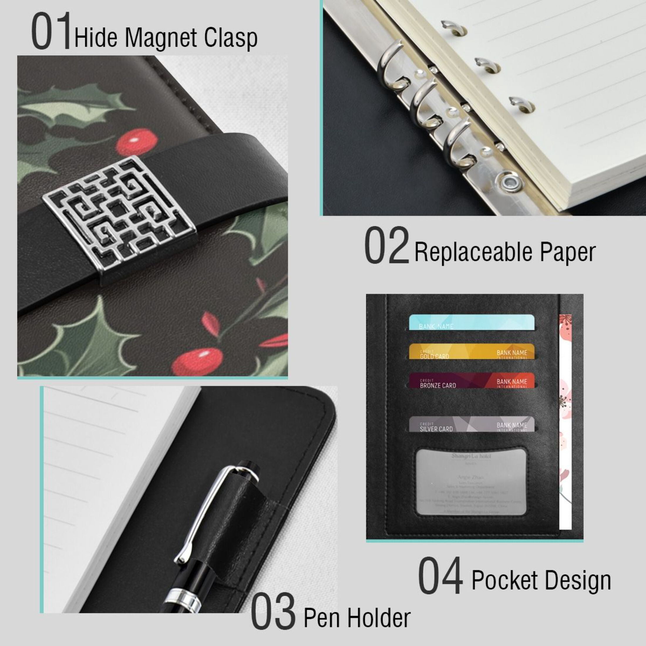 9.2x6.7 inch Leather Notebook 100 Sheets, Multi-Pocket Design & Pen Loop Vintage Floral Ornaments Refillable Journal Organizer