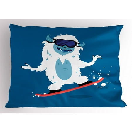 Standard Snowboarding - Bigfoot Pillow Sham, Yeti Monster Illustration while Snowboarding in Winter Theme Fantasy Monster Print, Decorative Standard Queen Size Printed Pillowcase, 30 X 20 Inches, Multicolor, by Ambesonne