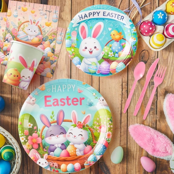 Easter Party Supplies Tableware Set with Paper Plates Cups Napkins Tablecloth for Holiday Party Decorations