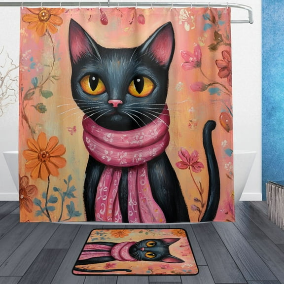 BZSMCE Shower Curtain and Bath Accessory Set,Black Cat with Pink Scarf Pattern