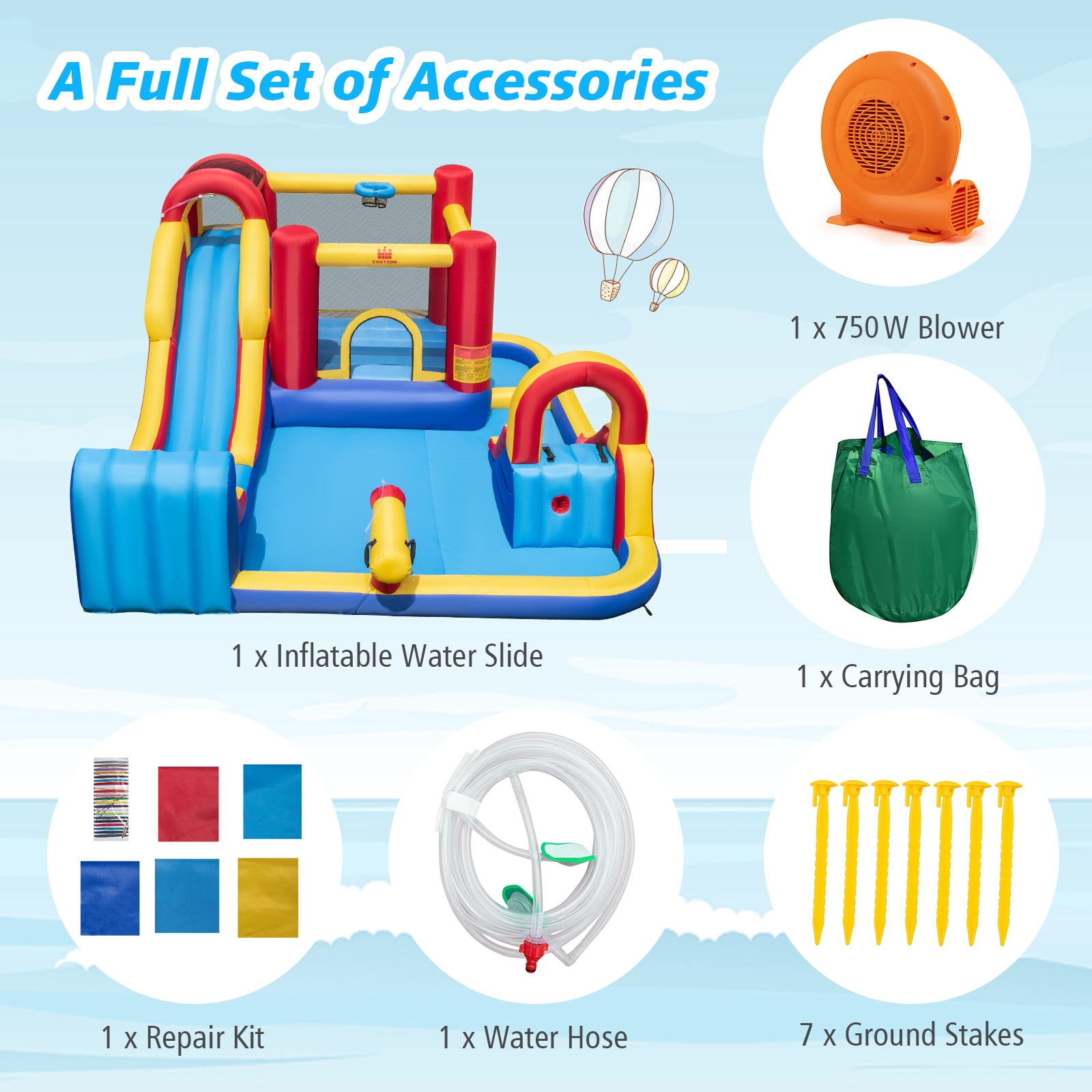 Infans Inflatable Water Slide Giant Kids Water Park w/ Double Slides & 750W Blower