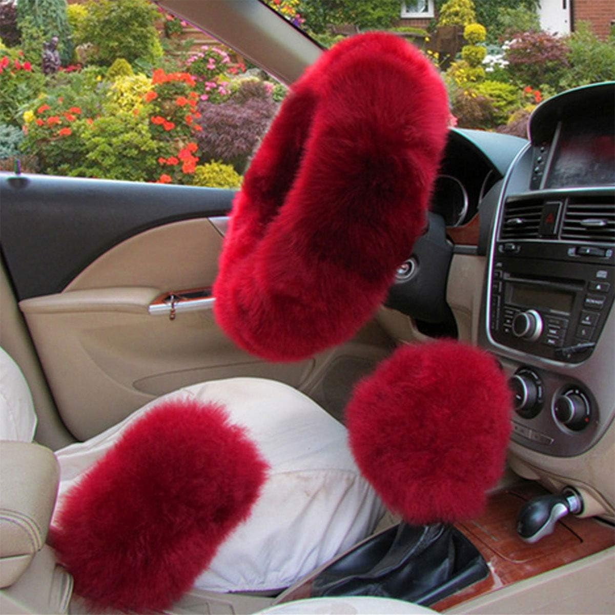1 Set 3 Pcs Car Steering Wheel Cover Handbrake Cover and Gear Shift Cover Set Faux Wool Warm Winter, Wine Red