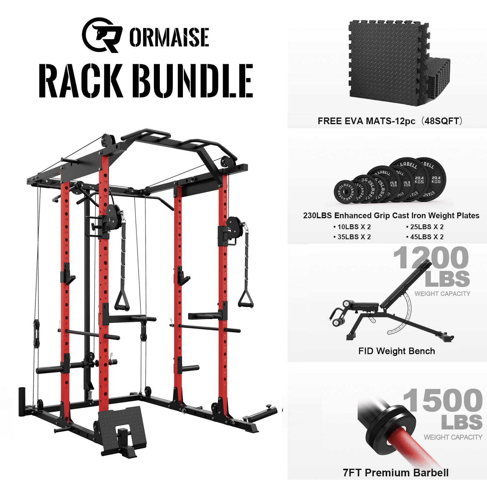 K7 Power Rack Cage, 1500LBS Weight Cage with 800LB Capacity Adjustable Weight Bench, 1500LB Capacity Barbell and 230LB Weight Plate set