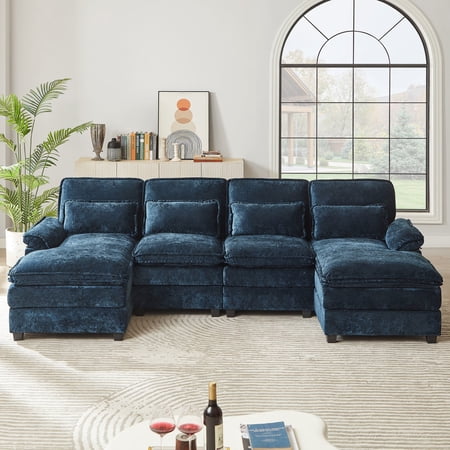 Soscana 113" Sectional Sofa Oversized U Shaped Couch with Double Chaise,Cloud Couch with 4 Waist Pillows,Modern Linen Seating Furniture for Living Room Office Studio Apartment,Blue