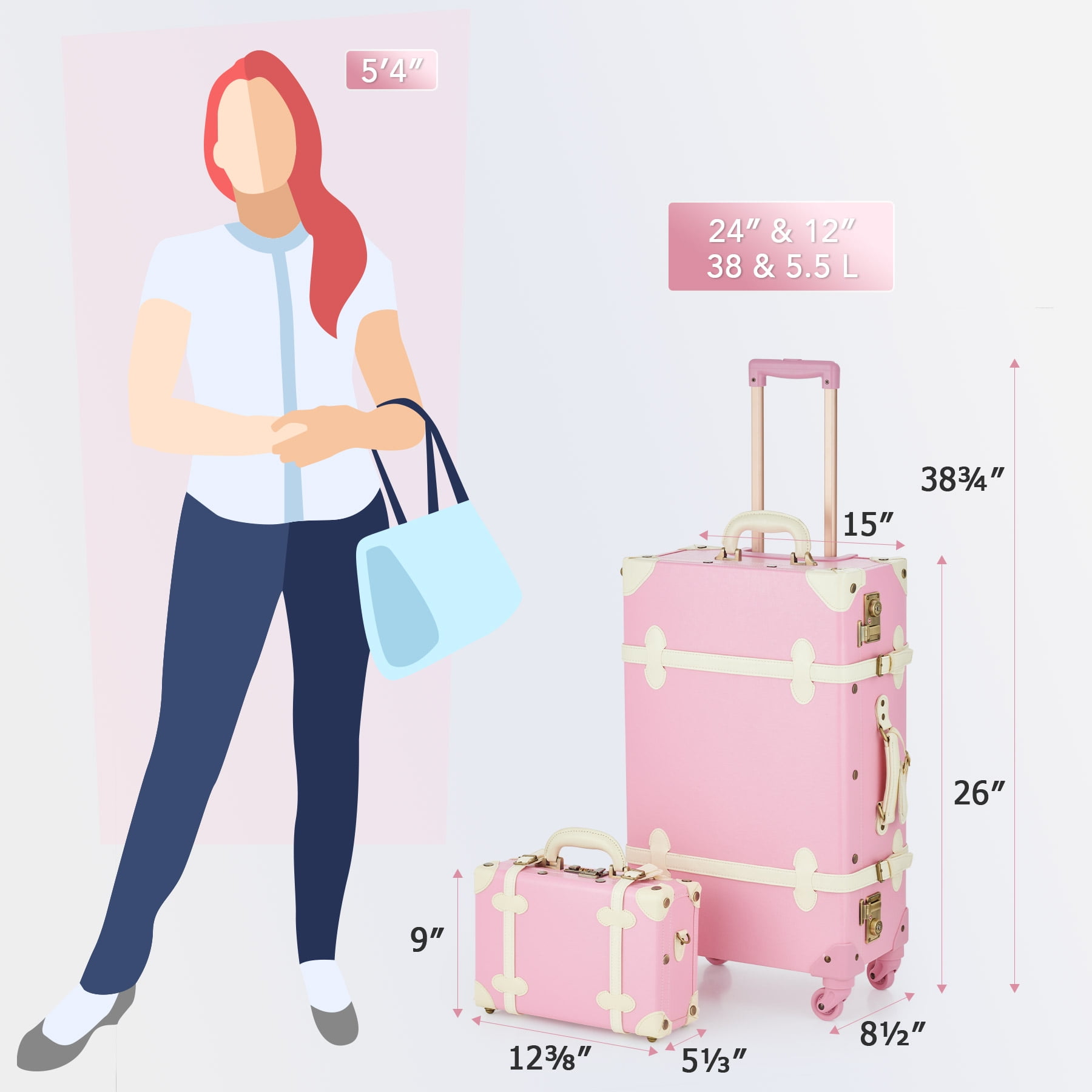 CO-Z Vintage Trunk Combination Luggage Sets of 2 Piece, Travel Carry On  Suitcase for Women with Spinner Wheels 24+12,Pink 