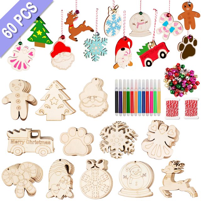 Adornos Navideños OurWarm de Madera sin Terminar 60 piezas con Marcadores