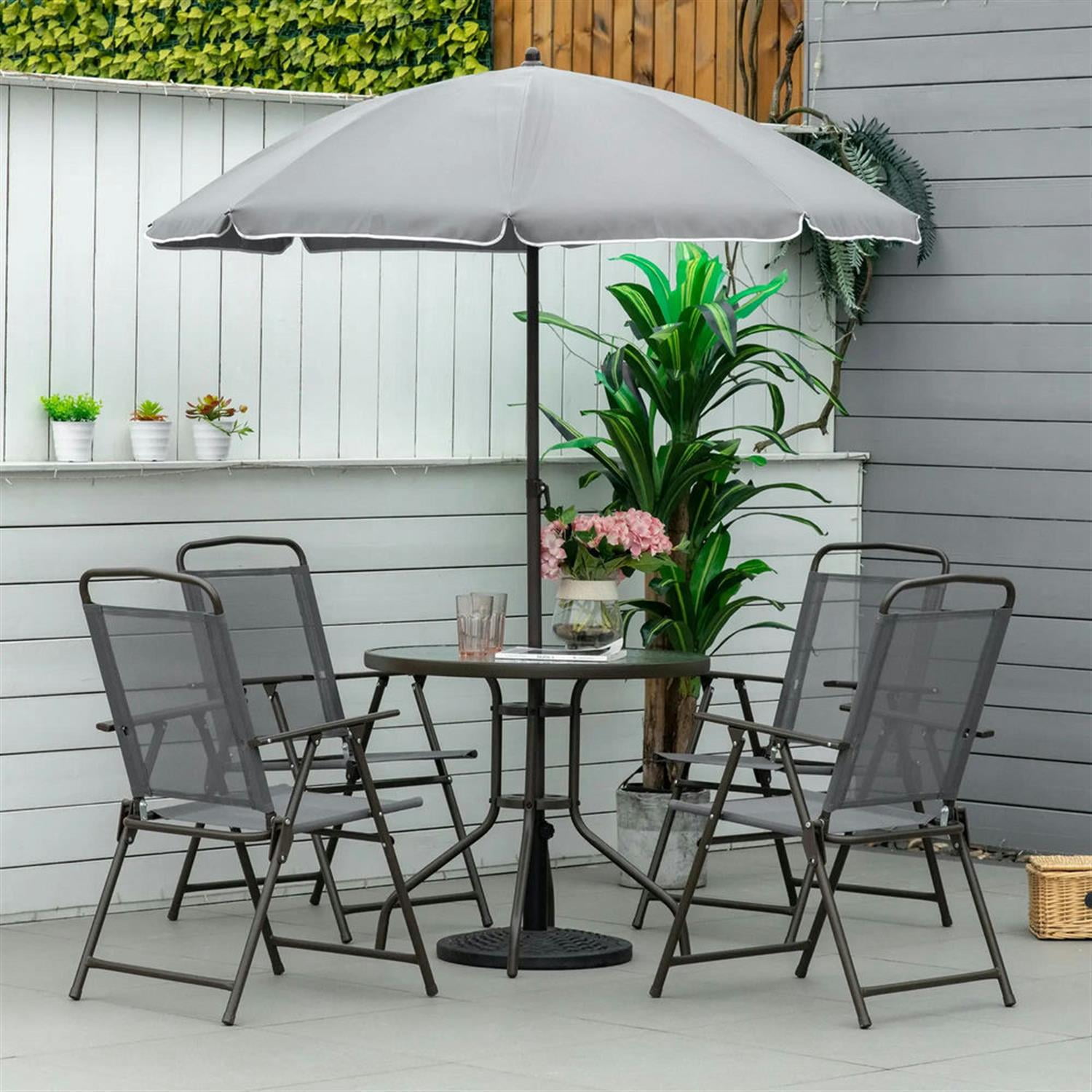 Demi Bonn 6-Piece Outdoor Dining Set with Umbrella, 4 Folding Chairs & Round Glass Table for Garden & Patio, Gray