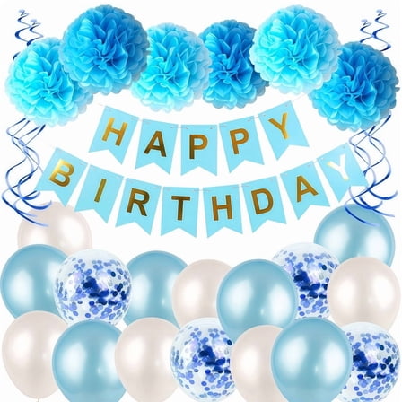 GOODOOSOO Birthday Party Decoration Kit with Balloons, Banner, Paper Flower Balls, Spiral Charms & Confetti Balloons Blue Theme for Boys & Girls Celebrations