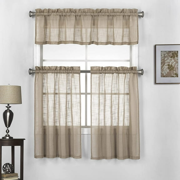 3 Piece Linen Look Rod Pocket Top Kitchen Window Curtain Tier Pair and Valance Set 36 Inch Long, Taupe