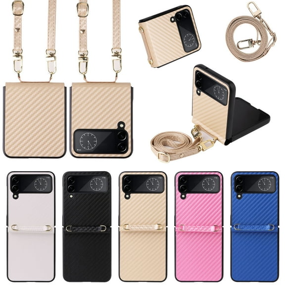 TECH CIRCLE Fabric Case for 2022 Galaxy Z Flip 4 5G Cell Phone (6.7") - Plastic Shell Cover with Adjustable Shoulder Strap (Gold)