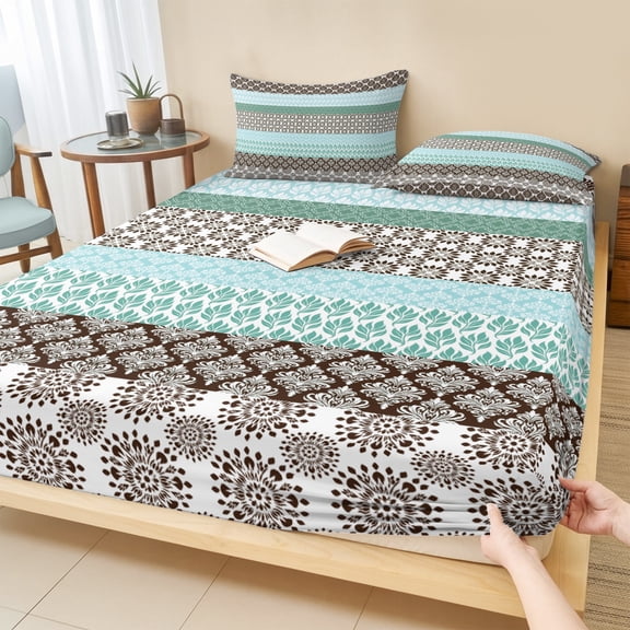 Full Size Fitted Sheet Set - Boho Geometric 3 Piece Bedding Sets 16" Deep Pocket Fitted Sheet with 2 Pillowcases Turquoise Green Brown Tribal Stripes Brushed Microfiber Hotel Luxury Bed Sheets
