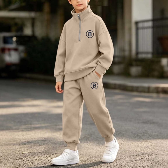 Vetsdori Boys Pockets Outfits Sports 2 Pieces 1/4 Zipper Elastic Waist Outdoor, Solid Color Winter Long Sleeve Tops and Joggers Clothing for Kids Mock Neck, Brown, Size: 5-6 Years