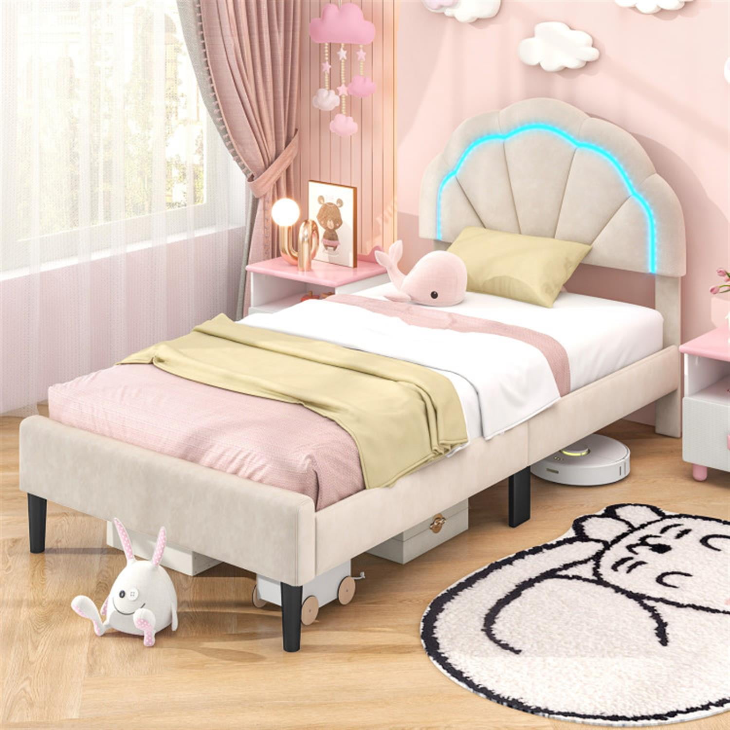 Demi Bonn Twin Size Upholstered LED Bed Frame with Adjustable Flower Headboard and Metal Support Feet, Platform Bed Frame with Wood Slats Support, No Box Spring Needed, Beige