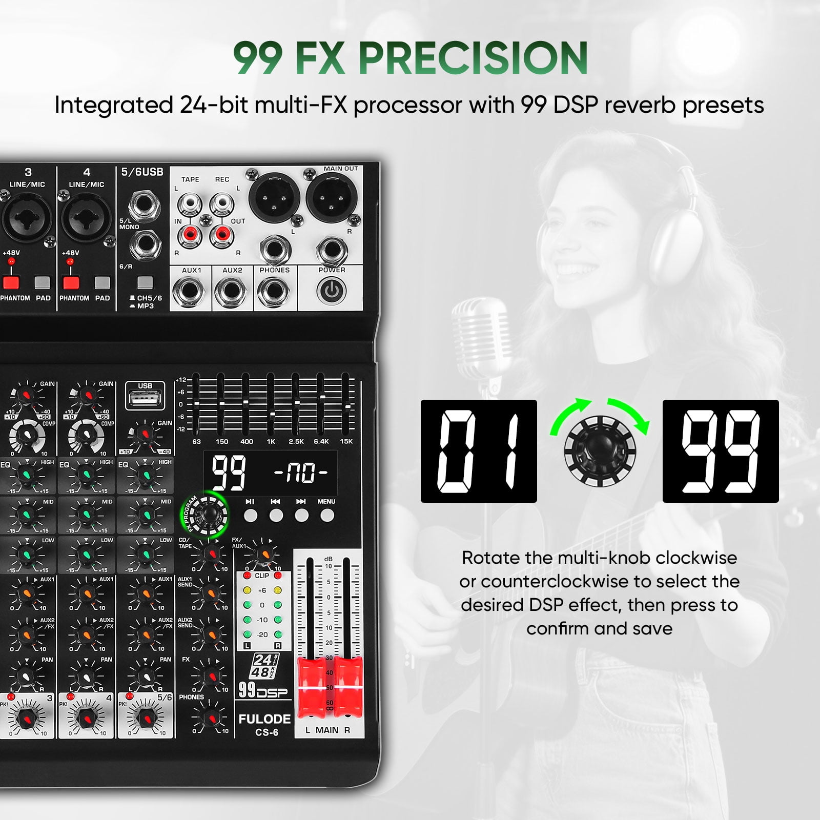 Audio Mixer 6 Channel Sound Mixer Console, Professional Music Mixing Board DJ Mixer w/ 99 DSP, 7-band EQ, USB, Bluetooth, 48V Phantom Power & PAD Function for Recording PA Live Live Streaming